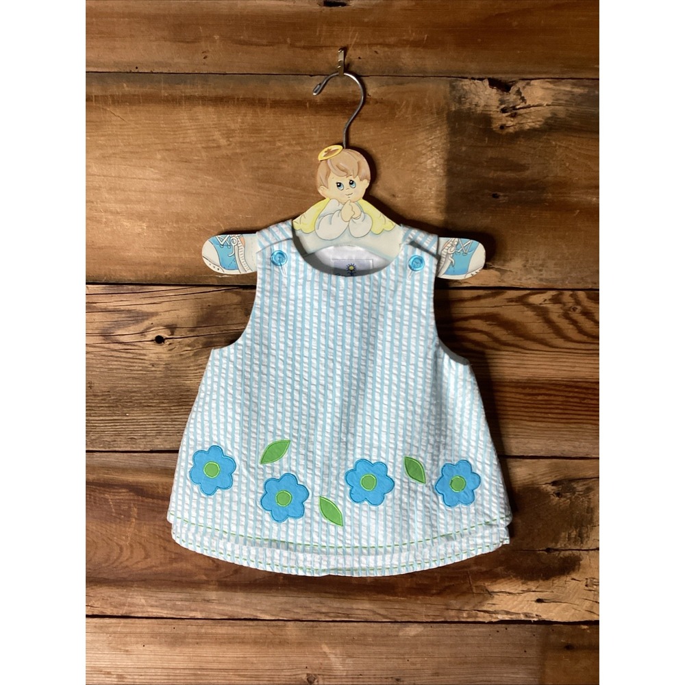 Florence Eiseman Sky Blue Seersucker Stripe Dress Girls   Missing Bloomers 18mo
